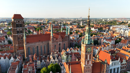 Aerial photo taken by drone over the historic tourist center of Gdansk, the city hall and the...