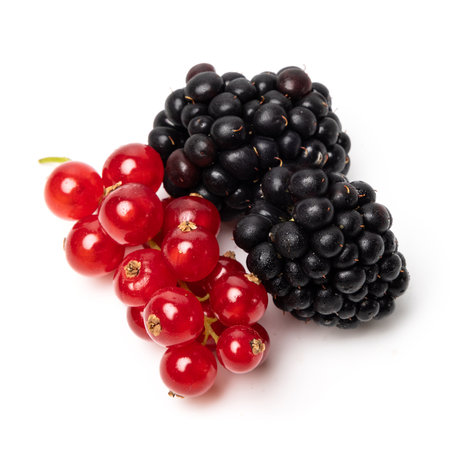 Organic ripe tasty organic berries red currant and blackberry isolated on white studio background