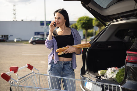 young brunette woman standing in supermarket parking lot with shopping cart next to car with open...