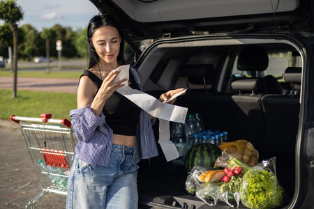 young brunette woman in casual clothes in supermarket parking lot stands by open car trunk filled...