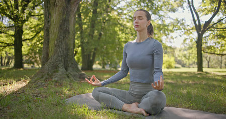 A young woman practices yoga in the park and meditates in the lotus position among the trees in a clearing on a summer dayの写真素材