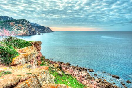 Landscape of coast of Sardinia with green grass in foreground and sea in backgroundの写真素材