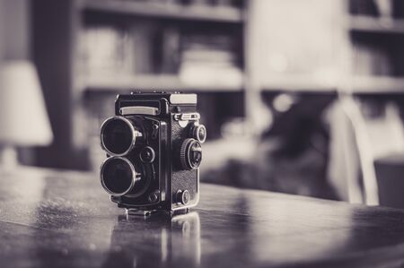 Old two lenses photo camera in black and whiteの写真素材