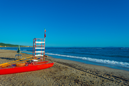 lifeguard tower on the desert sardinian beach in summerの写真素材