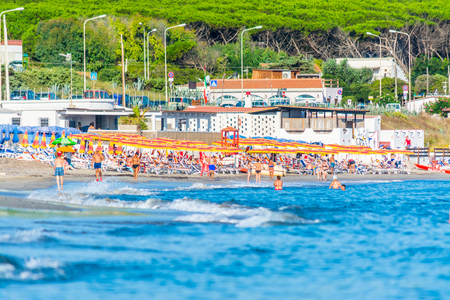 crowded beach in summer morningの写真素材