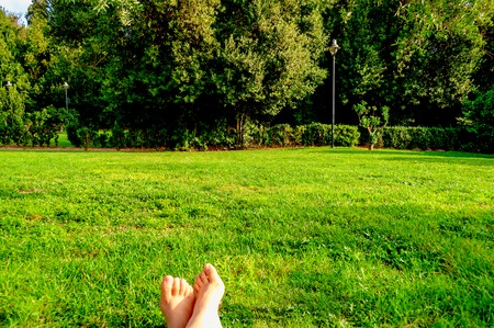 bare feet on the lawnの写真素材