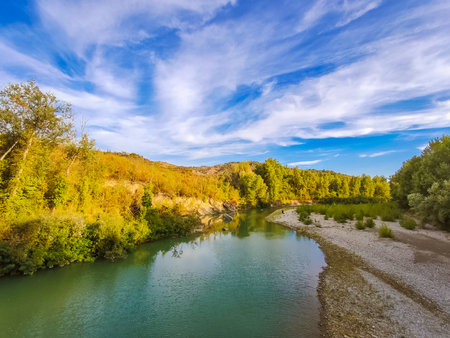 View of Reno river, near the city of Bologna, Italy, in a afeternon of autumnの写真素材