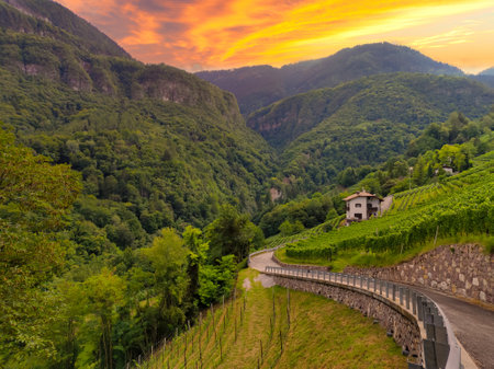 Landscape of mountains at sunset in summer with dramatic skyの写真素材