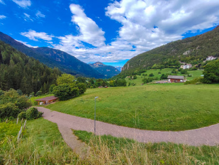 Landscape of mountain forest on a sunny and cloudy dayの写真素材
