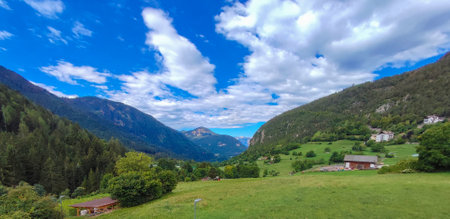 Landscape of mountain forest on a sunny and cloudy dayの写真素材