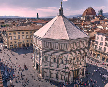Exterior view of the Baptistery of San Giovanni photographed from Giottos bell tower. Florence,...