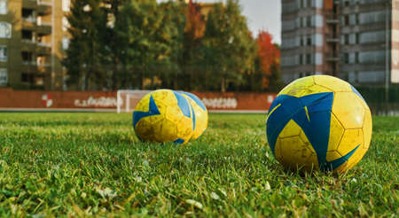 Soccer Balls On Autumn Fieldの写真素材