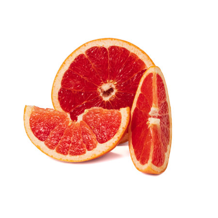 Pink ripe grapefruit slice on white isolated backgroundの写真素材