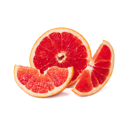 Pink ripe grapefruit slice on white isolated backgroundの写真素材