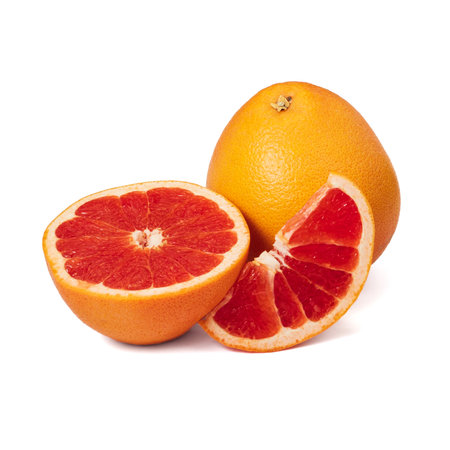 Pink ripe grapefruit slice on white isolated backgroundの写真素材