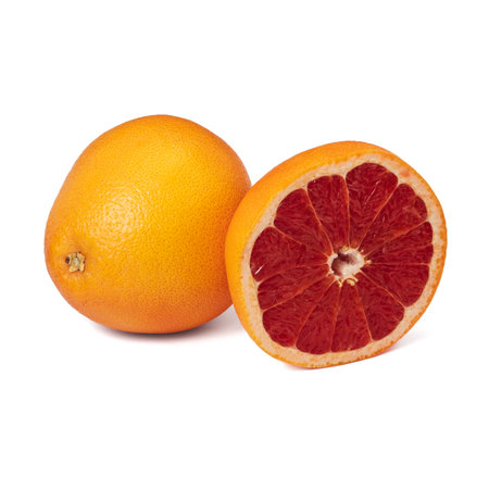 Pink ripe grapefruit slice on white isolated backgroundの写真素材