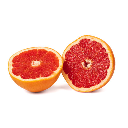 Pink ripe grapefruit slice on white isolated backgroundの写真素材
