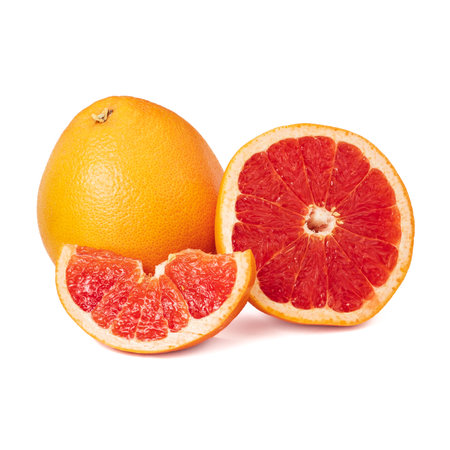 Pink ripe grapefruit slice on white isolated backgroundの写真素材