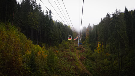 Cable car in autumn Carpathian mountainsの写真素材