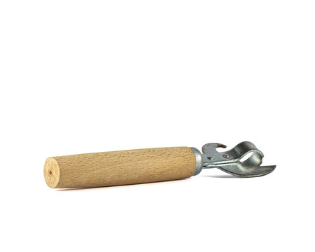 An old can opener with a wooden handle - a time-tested solution to problemsの写真素材