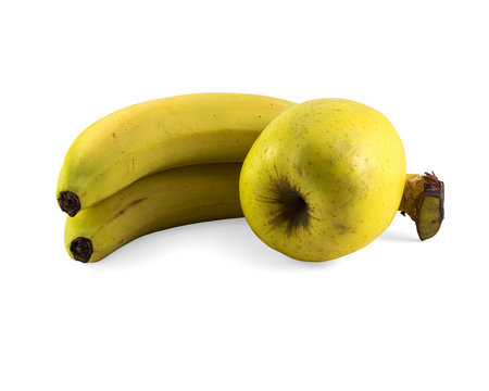 Bananas with green apple isolated on white backgroundの写真素材