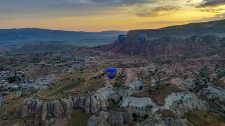 Cave house Cappadocia Turkey Hot air balloon flyingの写真素材