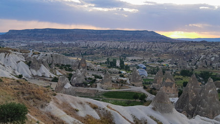 Cave house Cappadocia Turkey Hot air balloon flyingの写真素材
