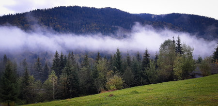 Morning foggy clouds in autumn mountain countryside. Ukraine, Transcarpathia.の写真素材