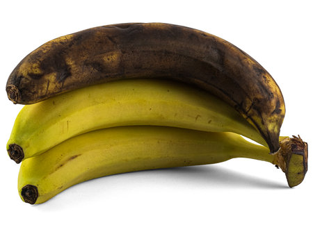 bunch of ripe bananas with one black rotten bananaの写真素材