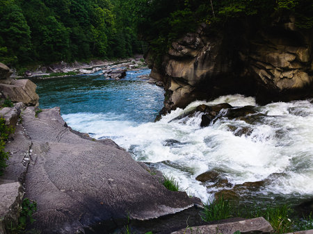 Probiy waterfall on Prut River in Yaremche City, western Ukraine.の写真素材