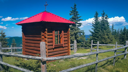 Chapel on the meadow of Hamsters Khomyakiv Gorgany Carpathian Mountains Ukraineの写真素材