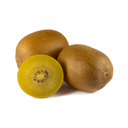Golden kiwi isolated on white backgroundの写真素材