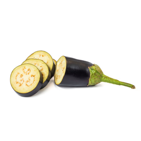 Fresh eggplants isolated on white background with clipping pathの写真素材