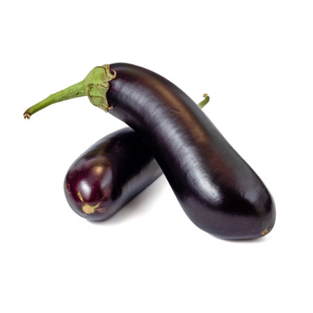 Fresh eggplants isolated on white background with clipping pathの写真素材