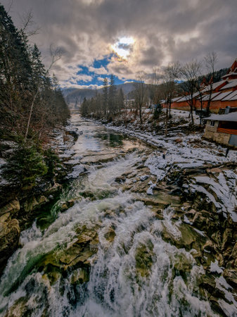 waterfall breakdown, frozen waterfall at winter, Carpathian. Ukraine.の写真素材