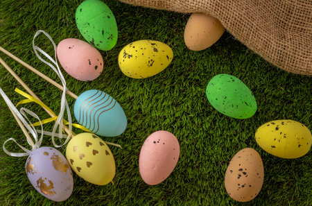 Easter eggs colored on green grass. Congratulations on Easterの写真素材