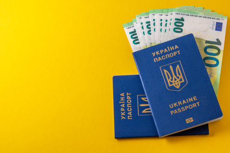 ukrainian passport and 100 euro banknotesの写真素材