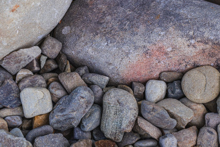 Top view of round river pebbles stones floorの写真素材