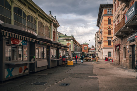 Rijeka Croatia 25.06.24 Sellers lay out vegetables and fruits on the marketのeditorial素材