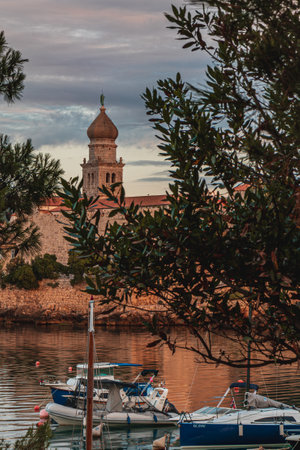 Krk Croatia 27..06.24Yachts in the bay on the background of the old townのeditorial素材