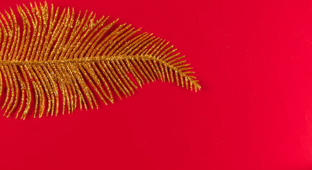 Christmas decoration of leaves on a dark red backgroundの写真素材