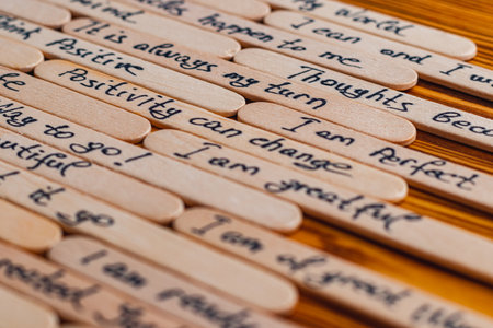 Positive thoughts for increasing selfesteem on wooden posts on wooden backgroundの写真素材