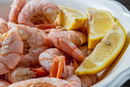 Boiled king prawns in a deep bowl with lemon, close up viewの写真素材