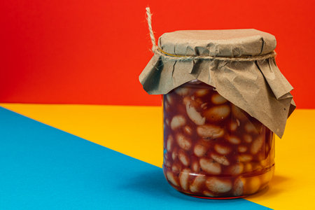 A jar filled with homemade pickled beans sits on a vibrant background, showcasing the rich colors and textures of the preserved food. The jar is sealed with paper.の写真素材