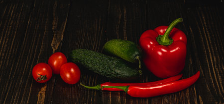 A vibrant display of fresh vegetables including red bell pepper, tomatoes, cucumbers, and chili peppers arranged on a dark wooden table. The colors create a lively and inviting atmosphere.の写真素材