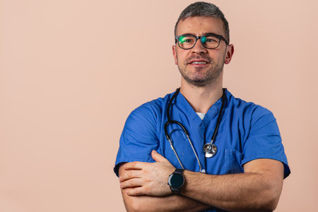 A man in blue scrubs stands with crossed arms, smiling. He wears glasses and a stethoscope around his neck, conveying professionalism and approachability in a clinical setting.の写真素材