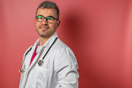 A doctor wearing glasses and a white coat smiles, showcasing a relaxed demeanor. The background is a vibrant red, highlighting the doctor's approachable personality in a clinical setting.の写真素材
