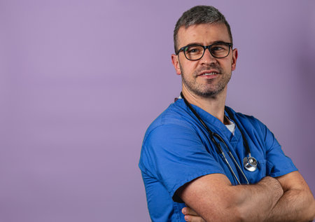 A healthcare professional in blue scrubs stands confidently with arms crossed, showcasing a stethoscope around his neck. The setting appears to be a clinical or medical environment.の写真素材