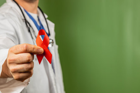 A health professional stands against a green background, showcasing a red ribbon symbolizing support for AIDS awareness and prevention efforts, demonstrating commitment to health education.の写真素材