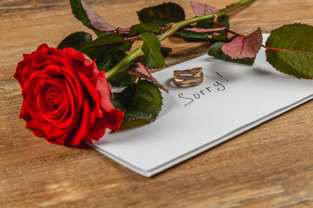 A single red rose rests on a wooden table next to a white envelope that reads sorry, with two wedding rings placed on top, symbolizing a broken engagement and lost love.の写真素材